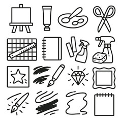 Fototapeta premium Creative Tools Array. Creative tools outline set. easel, canvas, paint tube, mixing bowl, scissors, ruler, cutting mat, notebook, chalk, spray bottle, sponge, stencil, brush