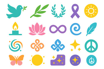 Minimalist Peace Symbols. Peace symbols flat icon set. dove, olive branch, laurel wreath, ribbon, candle flame, lotus flower, infinity loop, radiant sun, cosmic swirl, harmony knot