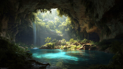 Beautiful underground cave with waterfall