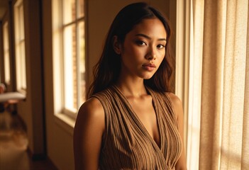 Fototapeta premium A young, pretty, and elegant girl dressed in stylish modern fashion in golden bronze tones