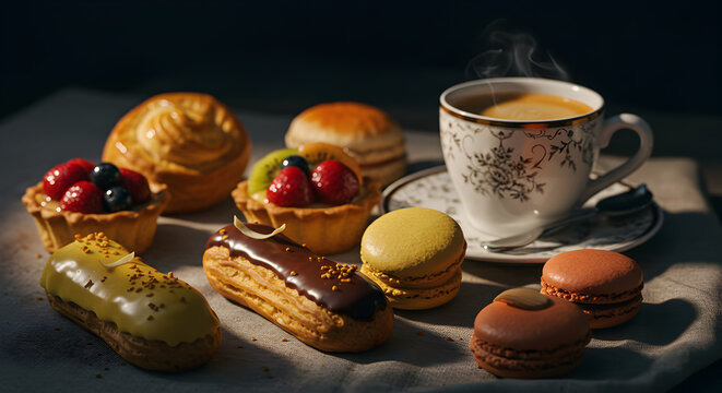 Assorted croissants, eclairs, and colorful macarons with hot coffee. Cozy French pastry breakfast in soft golden light.
