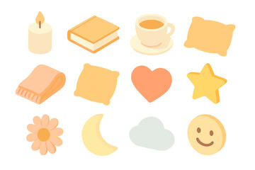 Relaxation Icon Set. Me time isometric set. candle, book, tea cup, blanket, pillow, heart, feather, star, flower, moon, cloud, smile.