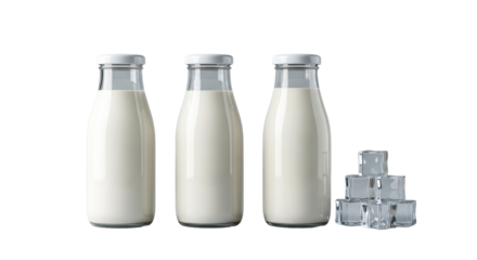 Three distinct clear glass bottles of creamy white milk, metallic caps, with clear ice cubes on a seamless transparent background, high-key studio lighting. Concept of fresh milk purity