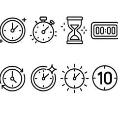 Bold Countdown Icons. Event countdown outline set. clock with glow, stopwatch with rays, hourglass with glow, digital screen timer, ticking arrows, clock with spark, final seconds
