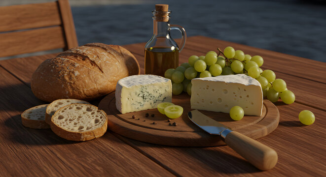 Rustic cheese board with bread, grapes, and olive oil in warm natural light. Elegant gourmet style for food and wine themes.