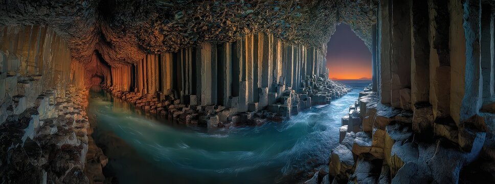 Dramatic Coastal Cave with Waterway and Sunset in Background Illuminated Interior