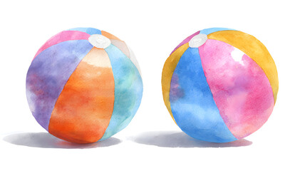 Two colorful vibrant watercolor beach ball for the summer, beach ball on white background, colorful beach ball