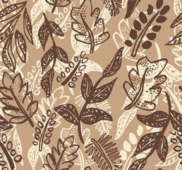 A detailed vector seamless pattern with hand-drawn leaves and botanical forms in warm, natural browns. Ideal for apparel design, packaging, wallpapers, stationery, home décor, cozy, organic aesthetic.
