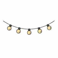 Festive String of Five Cartoon Light Bulbs with Black Sockets and Yellow Glow