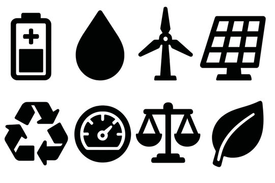 Resource Balancer Icons. Resource Load Balancer silhouette set. battery icon, water droplet, wind turbine, solar panel, recycling symbol, gauge meter, scales of balance, eco leaf.