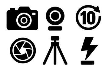 Bold Camera Icons. Camera self-timer silhouette set. camera, shutter button, countdown numbers, lens, tripod, flash.