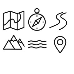Minimalist Travel Icons. Travel map outline set. folded map, compass, road, mountain, river, location pin.