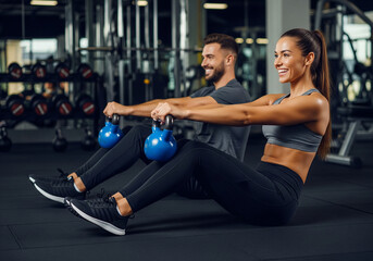 Happy fit couple exercising together in a modern gym. Motivated man and woman doing core strength training and abdominal exercises with a kettlebell.