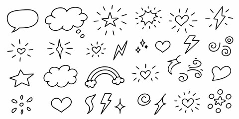 Collection of hand drawn doodle icons including stars hearts clouds lightning bolts rainbows and speech bubbles