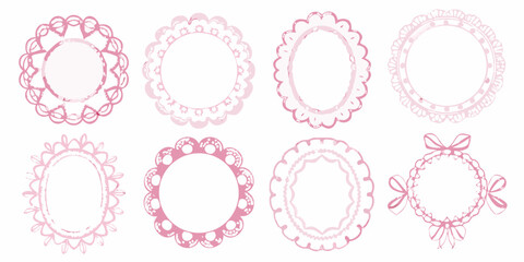 Collection of eight delicate pink lace frames and borders with scalloped edges and floral motifs
