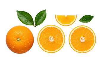 Fototapeta premium Pristine whole, halved, and quarter orange slices, vibrant green leaves, glistening water droplets, isolated on transparent, shadowless studio light, concept of natural freshness and elegance