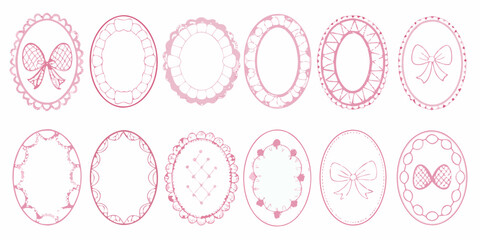 Collection of delicate pink oval and circular frames with decorative borders and bows