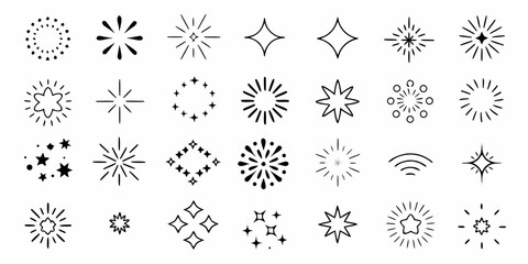 Collection of hand drawn starbursts sparkles and star icons in black outline on white background