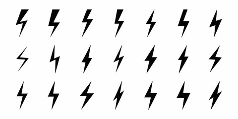 Collection of black lightning bolt icons on white background for energy and power concepts