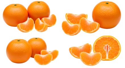 Juicy fresh whole and peeled tangerines with segments isolated on white background, healthy citrus fruit perfect for cooking and snacking