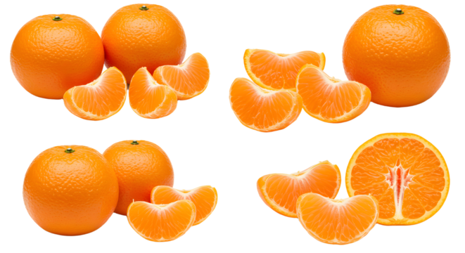 Juicy fresh whole and peeled tangerines with segments isolated on white background, healthy citrus fruit perfect for cooking and snacking