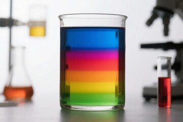 Beaker containing layered rainbow-colored liquids in a laboratory setting