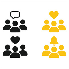 This image displays four different icon sets representing social interactions. Each set features stylized figures of people. The icons depict concepts like communication (speech bubble), affection 