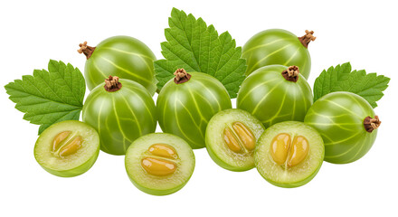 Fresh green gooseberries with leaves isolated on white background, healthy fruit perfect for recipes and nutrition