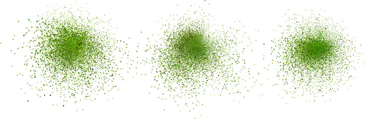 Assortment of scattered matcha green powder effects.