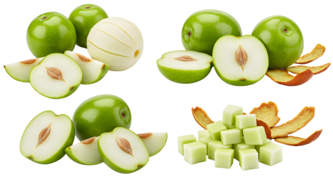 Fresh green jujube fruit whole and sliced with peeled segments and cut cubes, healthy exotic snack and ingredient