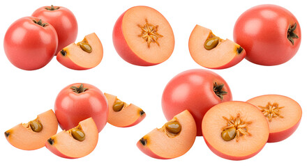 Fresh ripe persimmons whole and sliced isolated on white background, healthy autumn fruit perfect for cooking and nutrition
