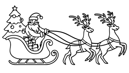 Santa claus in sleigh with two reindeer gift boxes and christmas tree outline vector illustration.