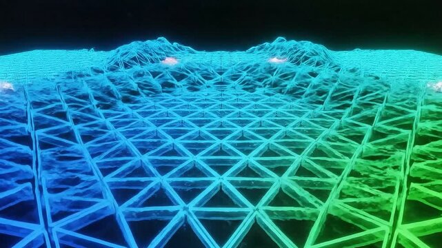 Abstract triangular grid pattern with blue and green gradient under a dark sky perspective view