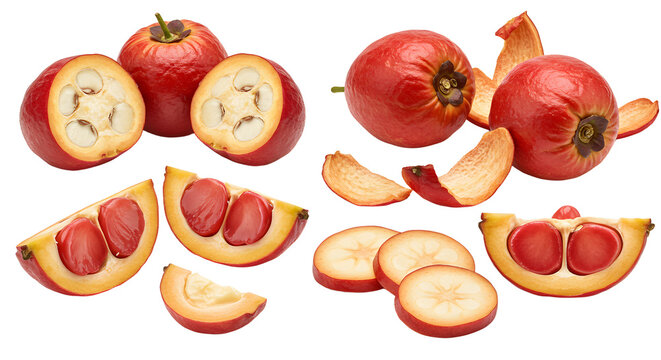 Fresh sliced and whole red gac fruit isolated on white background, exotic tropical fruit high in antioxidants, perfect for healthy food presentations