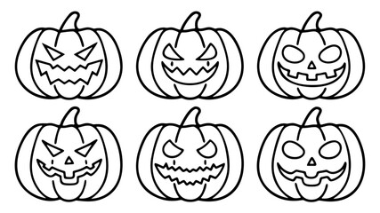 Set of six halloween pumpkins with carved faces and different jack-o'-lantern expressions outline style.