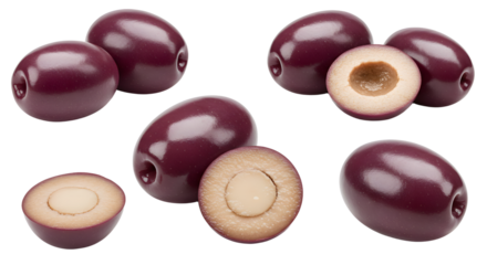 Fresh ripe purple olive fruits with some cut halves showing the seed inside, isolated on white background, perfect for healthy cooking and Mediterranean recipes