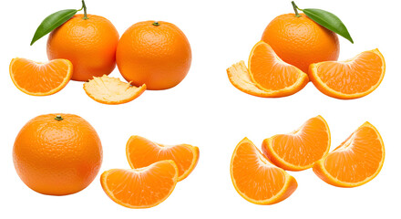 Fresh ripe tangerines with leaves and peeled segments on white background, healthy citrus fruit for snacks or cooking