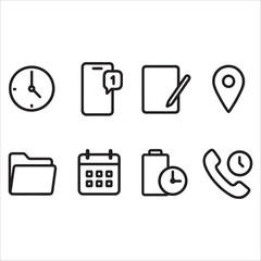The image displays a collection of eight minimalist line icons against a white background. These icons represent common digital functions: a clock, a smartphone with a notification, a notepad with a p