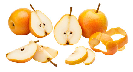 Fresh sliced Asian pears with peel and whole fruit isolated on white background, healthy snack and natural ingredient for cooking and baking