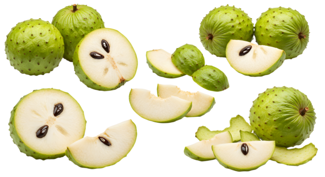 Fresh green cherimoya fruits whole and sliced with visible seeds on white background, perfect for healthy food and tropical fruit presentations