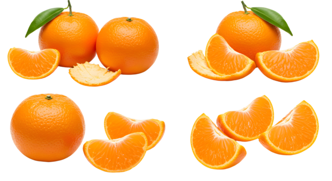 Fresh ripe tangerines with leaves and peeled segments on white background, healthy citrus fruit for snacks or cooking