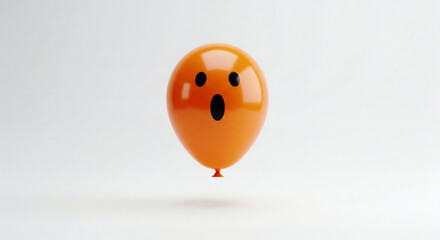 Surprised orange balloon with a spooky face floats mysteriously against a crisp white background, perfect for Halloween party invitations or playfully spooky seasonal designs