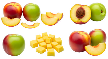 Fresh whole and sliced peaches with green apples and diced mango on white background, healthy tropical fruit mix perfect for cooking or snacking
