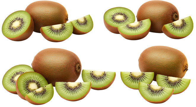 Fresh whole and sliced kiwi fruit with vibrant green flesh arranged in multiple views on a white background, perfect for healthy food presentations