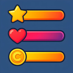 Obraz premium Gradient Cartoon Progress Bars Set For Video Game UI Featuring Heart Star And Coin Symbols.eps