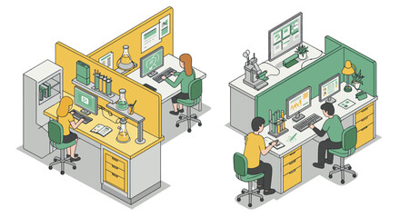 Isometric office workspace with scientists at work in modern lab setting
