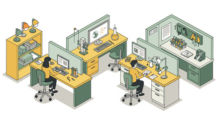 Obraz premium Isometric office workspace with busy employees and modern equipment