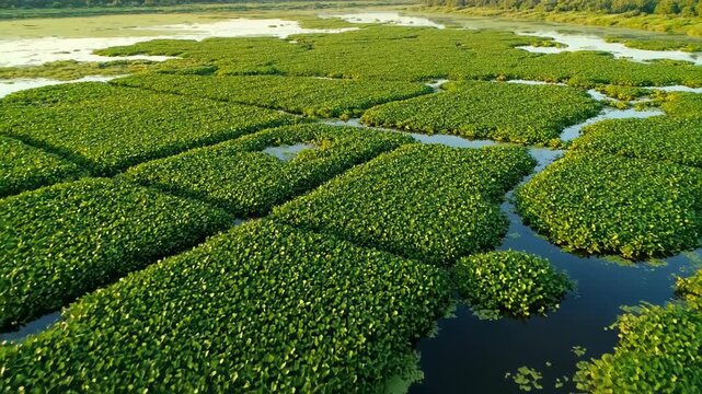 Aerial timelapse of lush green aquatic plants forming dynamic, interconnected grid patterns across a tranquil swamp or marshland environment, texture, overhead