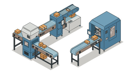 Obraz premium Automated package conveyor system with machinery in isometric style for modern warehousing
