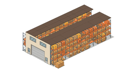 Obraz premium Modern isometric warehouse interior with stacked boxes and shelving units
